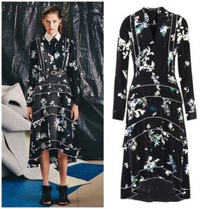 Proenza Schouler Silk Black Floral V-Neck Tiered Skirt Midi Dress Size 4 EUC